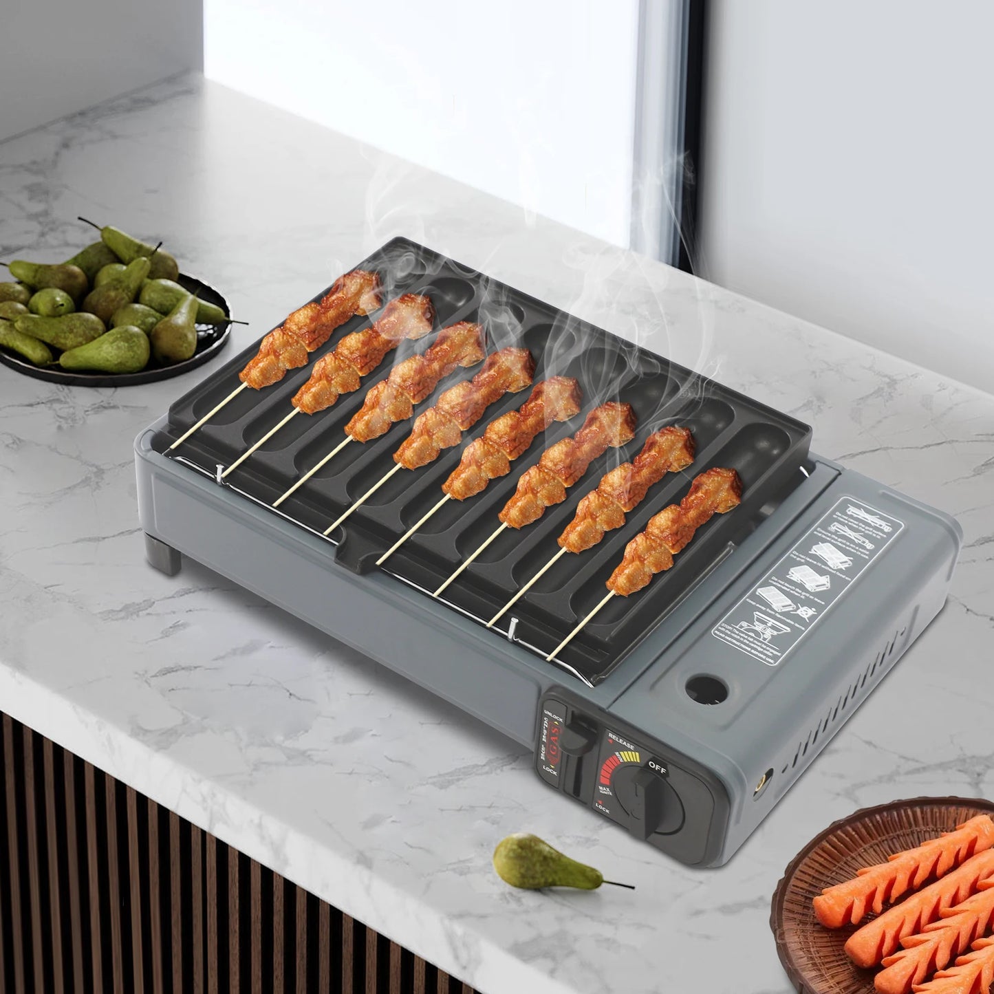 Portable Butane Gas Stove 2.2KW Outdoor Camping Picnic Cooking Grill Lightweight with Carry Case & Sausage Tray for Hiking BBQ