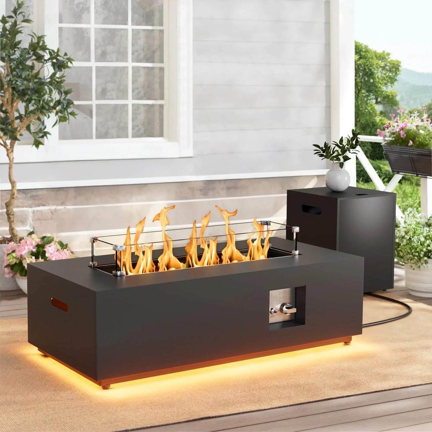 2-Piece Outdoor Propane Fire Pit Table Set,42'' Rectangular Fire Pits for Outside Patio Table Fire Pit w LED, 50,000 BTU