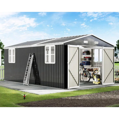 10x16x7 ft Outdoor Storage Shed with 2 Clear Panels, Metal Garden Shed with Double Doors, 4 Windows, 4 Vents, Reinforced Steel,