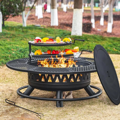 47 Inch Fire Pit with 2 Grills, Outdoor Extra Large Firepits for Outside, Wood Burning Fireplace for Camping, Picnic, Bonfire