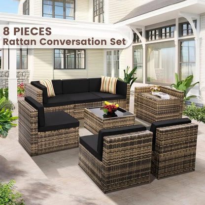8-Piece Outdoor Wicker Sectional Patio Furniture Set with Cushions and Glass Top Table