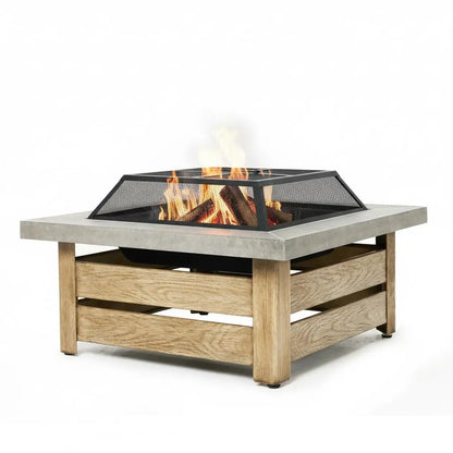 Firepits for Outside，Wood Burning Fire Pit with Wood-Grain Side Panels,Firepit for Outside with Mesh Cover & Fire, Customized