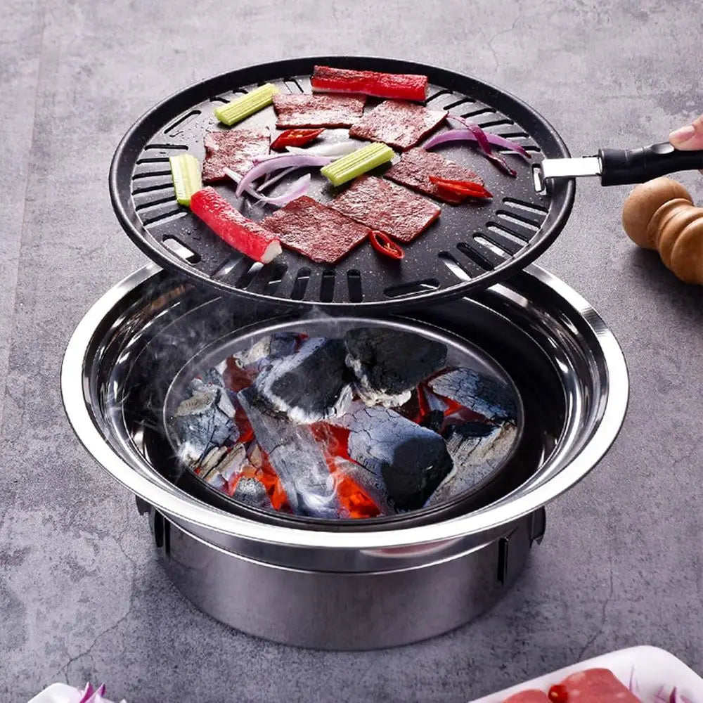 Portable Korean Style Stainless-Steel Barbecue Grill, Charcoal BBQ Round Grill Stove for Outdoor Camping, Picnicking & Parties 1