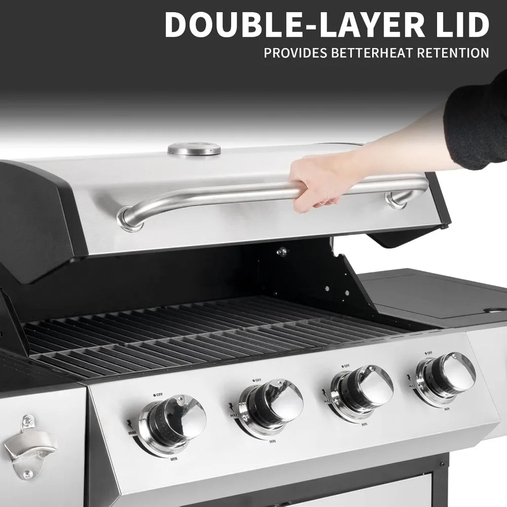 4-Burner Propane Gas BBQ Grill with Side Burner, Barbecue Gas Grill with Enameled Cast Iron Grates for Outdoor Patio Garden Barb
