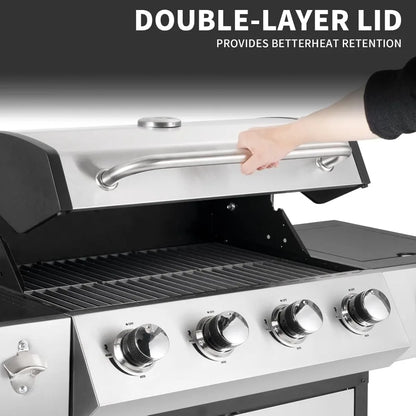 4-Burner Propane Gas BBQ Grill with Side Burner, Barbecue Gas Grill with Enameled Cast Iron Grates for Outdoor Patio Garden Barb