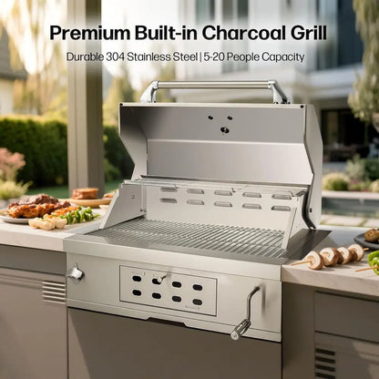 Stainless Steel Charcoal BBQ Grill with Insulated Hood, Temperature Gauge, and Ash Tray for Family Gatherings and Camping