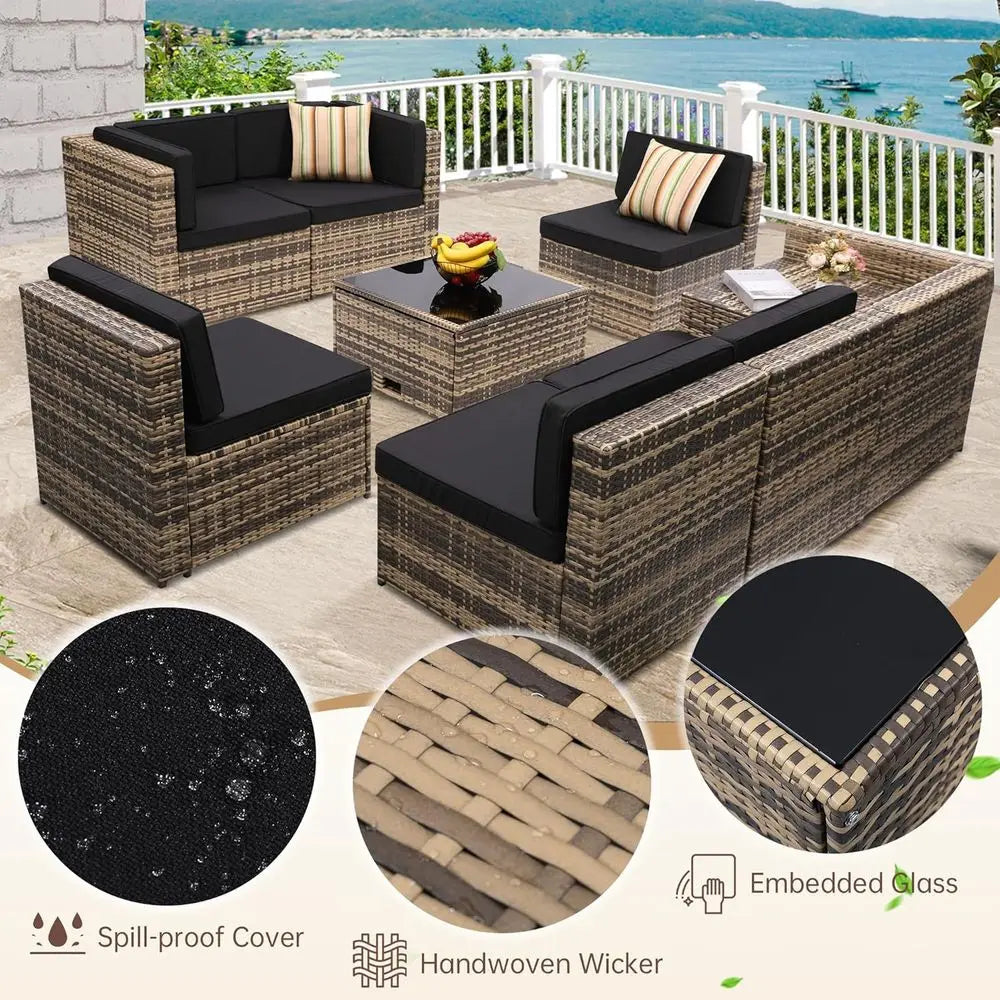 8-Piece Outdoor Wicker Sectional Patio Furniture Set with Cushions and Glass Top Table