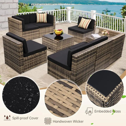 8-Piece Outdoor Wicker Sectional Patio Furniture Set with Cushions and Glass Top Table