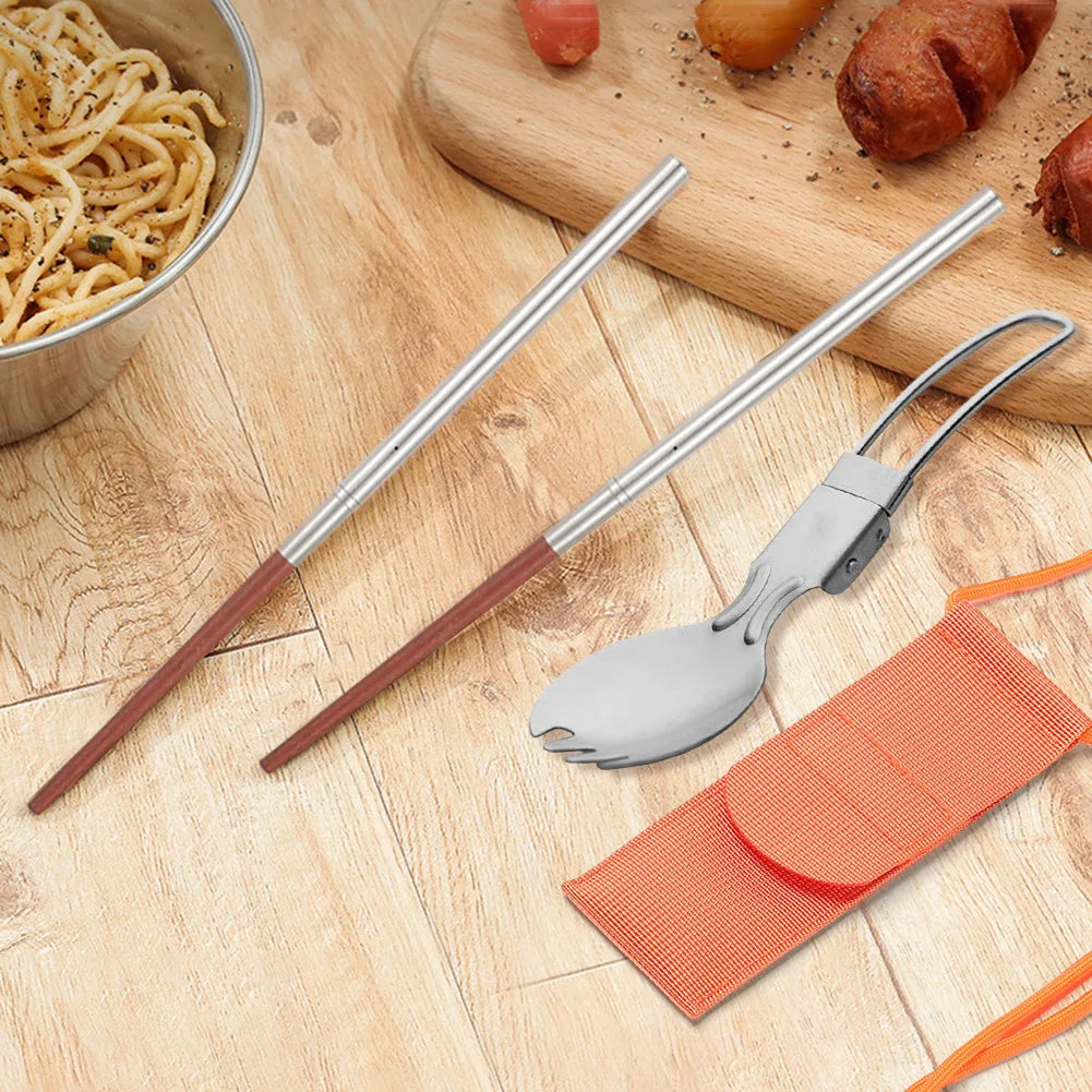 Spoon Fork Chopsticks Cutlery Set with Storage Bag Folding Fork Spoon and Wooden Chopsticks Reusable for Outdoor Travel Picnic