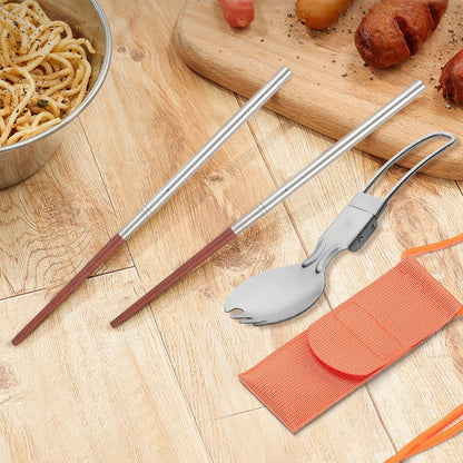 Spoon Fork Chopsticks Cutlery Set with Storage Bag Folding Fork Spoon and Wooden Chopsticks Reusable for Outdoor Travel Picnic