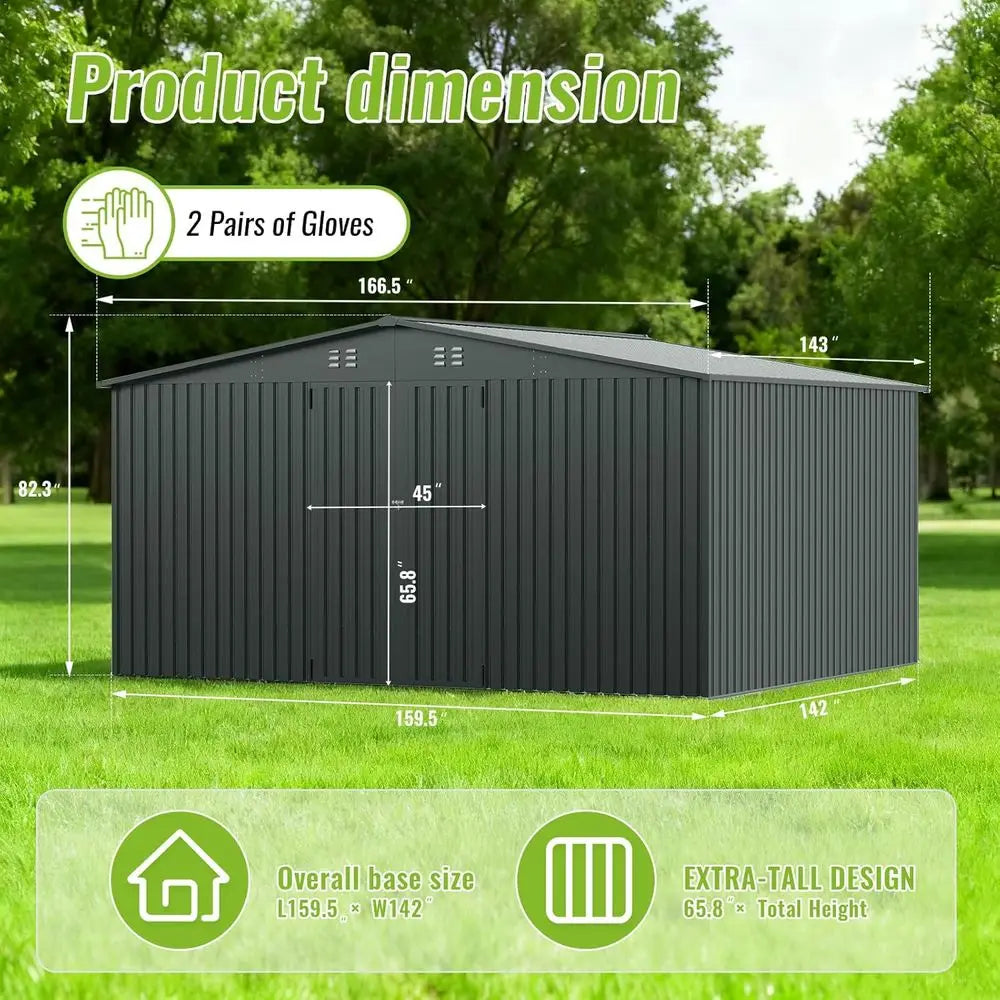 14x12 Outdoor Storage Shed: Metal Garden Tool Shed with Weathered Structure and Lockable Door, Perfect for Backyard, Patio, and