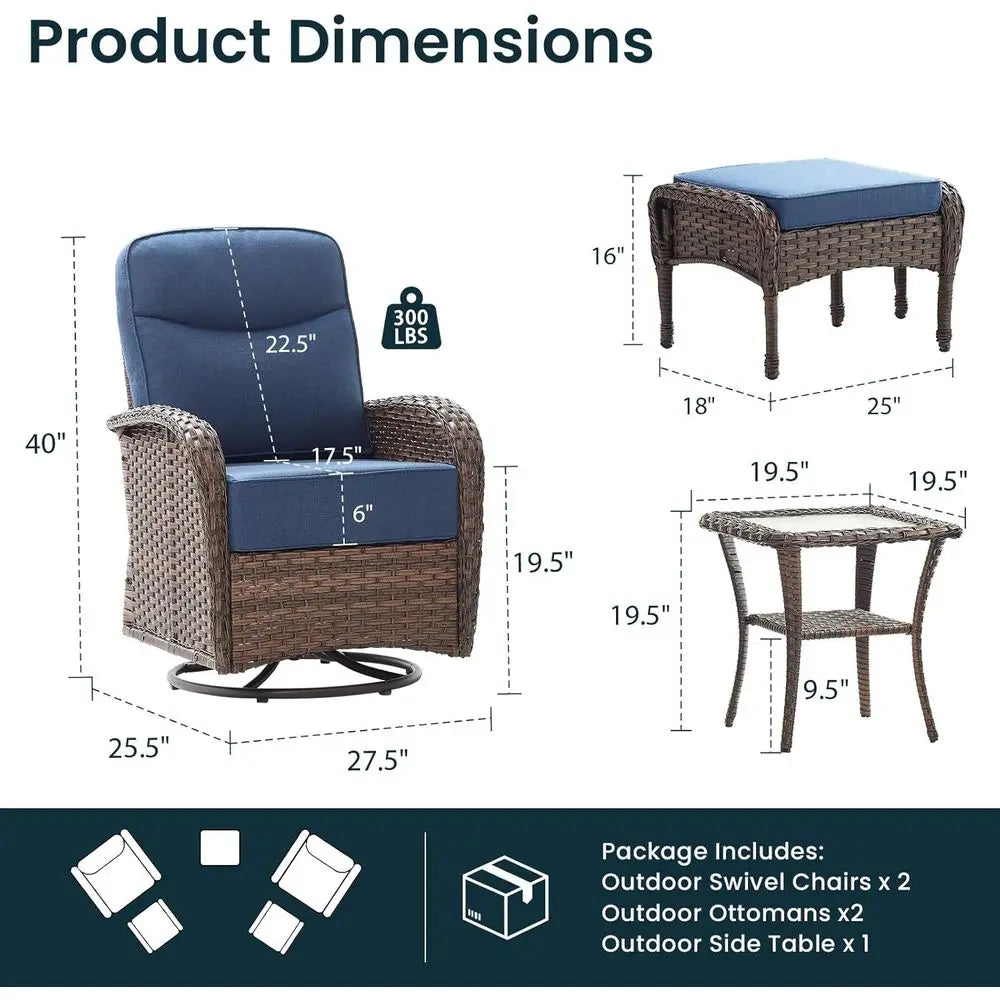 6-Inch Cushioned Patio Furniture Set with Ottoman, Swivel Rocker Chairs and Side Table, Ideal for Deck, Porch, Garden, Balcony,