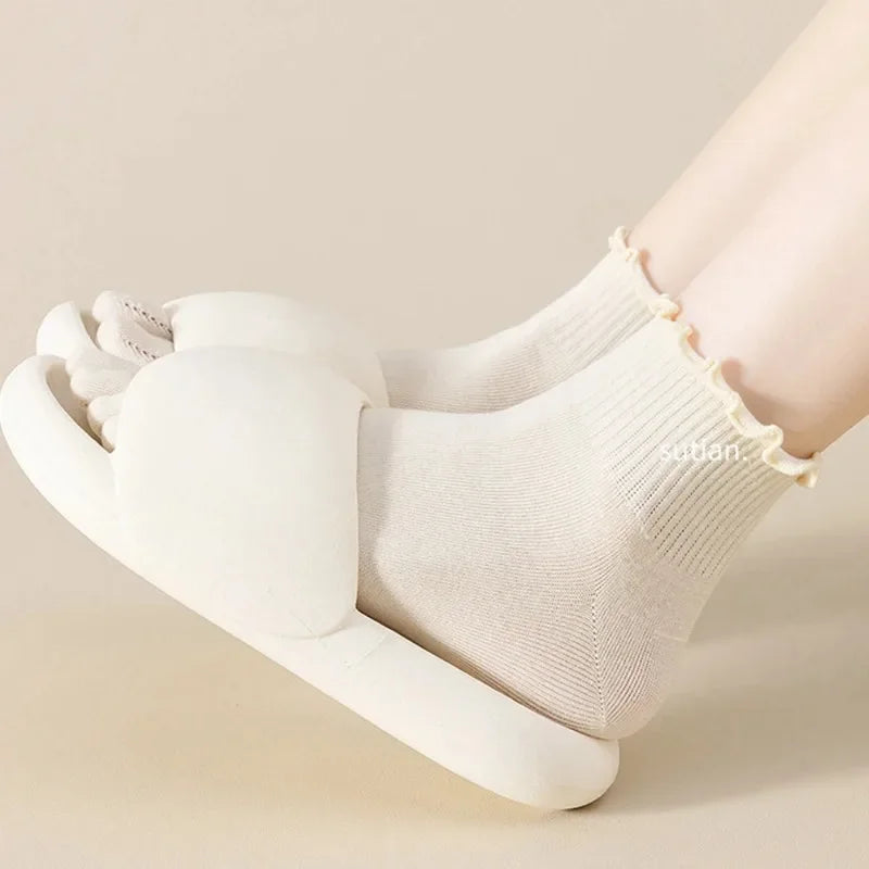 Women's cotton five-toe socks, fashionable rolled edges, white loose Harajuku short socks with toes