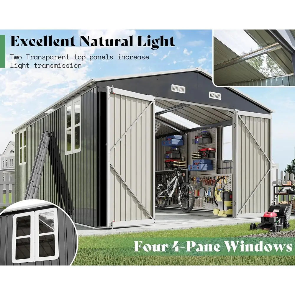 10x16x7 ft Outdoor Storage Shed with 2 Clear Panels, Metal Garden Shed with Double Doors, 4 Windows, 4 Vents, Reinforced Steel,
