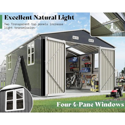 10x16x7 ft Outdoor Storage Shed with 2 Clear Panels, Metal Garden Shed with Double Doors, 4 Windows, 4 Vents, Reinforced Steel,