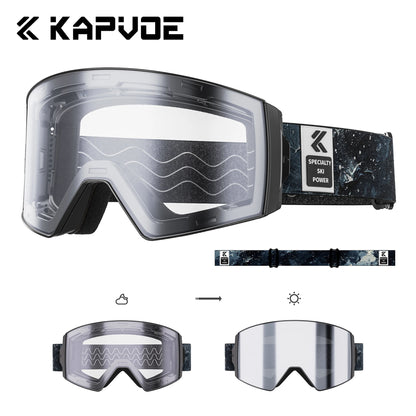 KAPVOE New Outdoor Photochromic Ski Goggles Winter Snow Sports for Unisex Snow Glasses UV400 Anti-fog Magnetic Snowboard Glasses