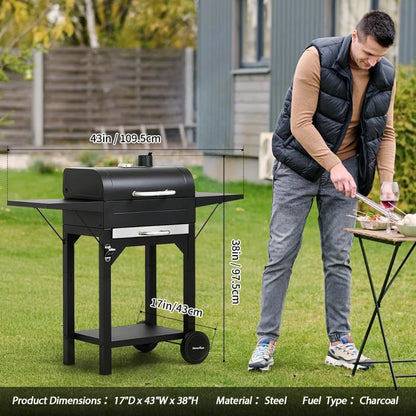 17 Inch Charcoal Grill with Two Side Tables, Outdoor Smoker BBQ Grill for Camping Patio Backyard Picnic, Black