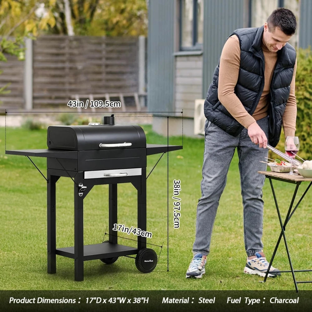 17 Inch Charcoal Grill with Two Side Tables, Outdoor Smoker BBQ Grill for Camping Patio Backyard Picnic, Black