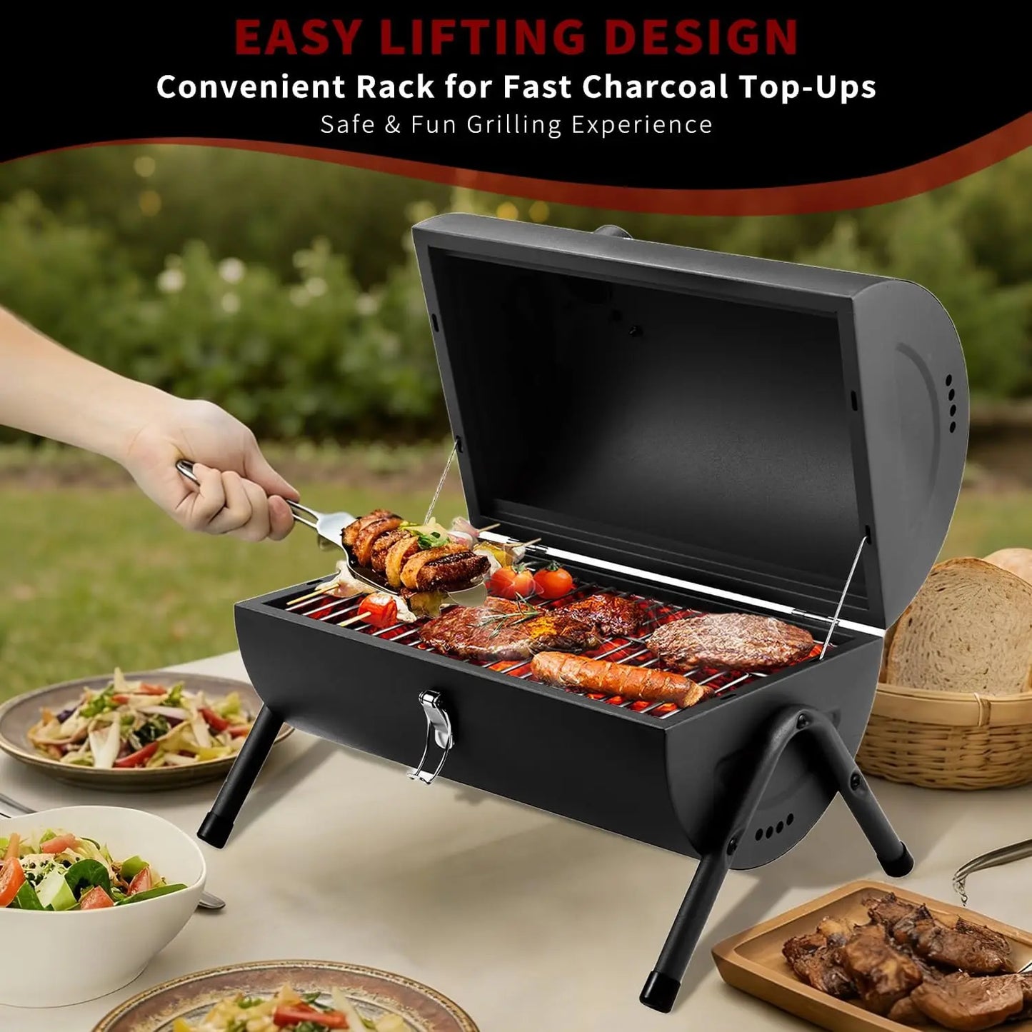 Portable Tabletop Charcoal Grill, Outdoor BBQ Smoker for Camping Picnics Beach Cooking