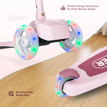 Kick Scooter for Kids with 3-Wheeled LED Lights,Adjustable Lean-to-Steer Handlebar,Foldable Seat,Sit or Stand Ride,for 3-8 Years