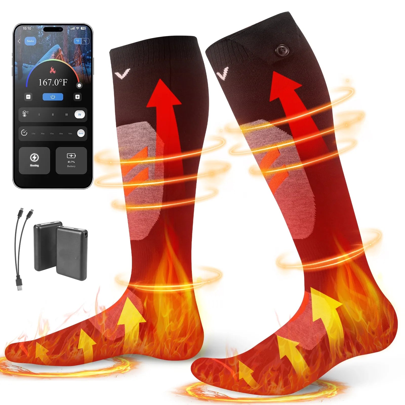 SucceBuy S/M/L/XL Winter Heated Socks with APP Control & 5000mAh Battery Rechargeable Thermal Heating Socks for Ski Hiking