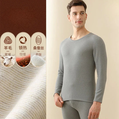 Men's Winter Underwear Set Warm Fleece Lined T Shirt Thick Crew Neck Solid Basic Pants Two Pieces Thermal Underwear Clothing