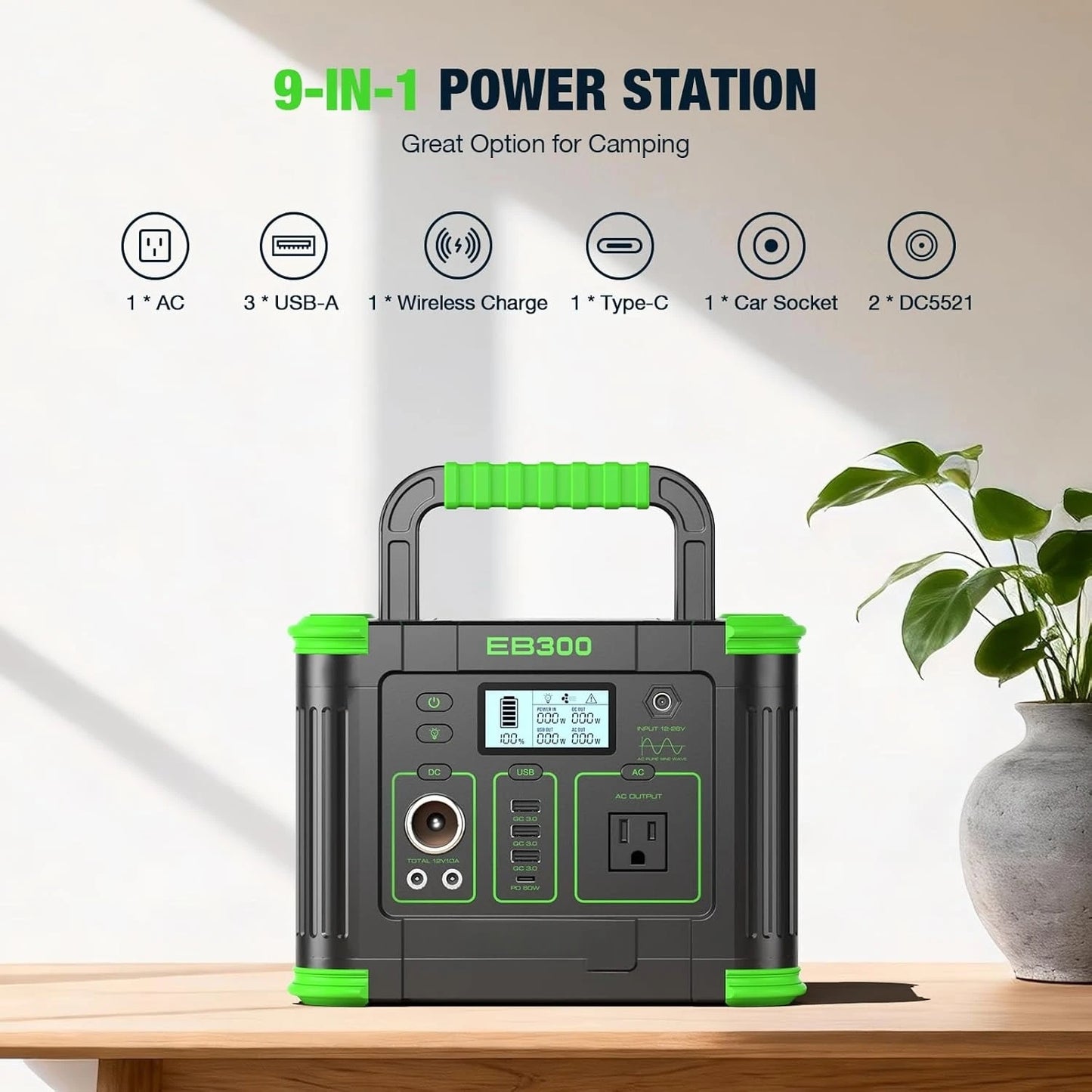 300W Portable Power Station with 100W Portable Solar Panel, 288.6Wh USB-C PD60W 300W Pure Sine Wave Solar, Customized