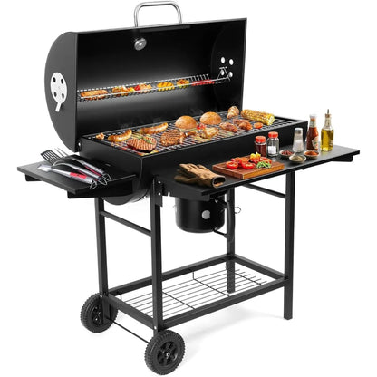 Luxurious Outdoor Barrel BBQ Grill with Side Table - High-End Smoker Combo for Backyard Grilling