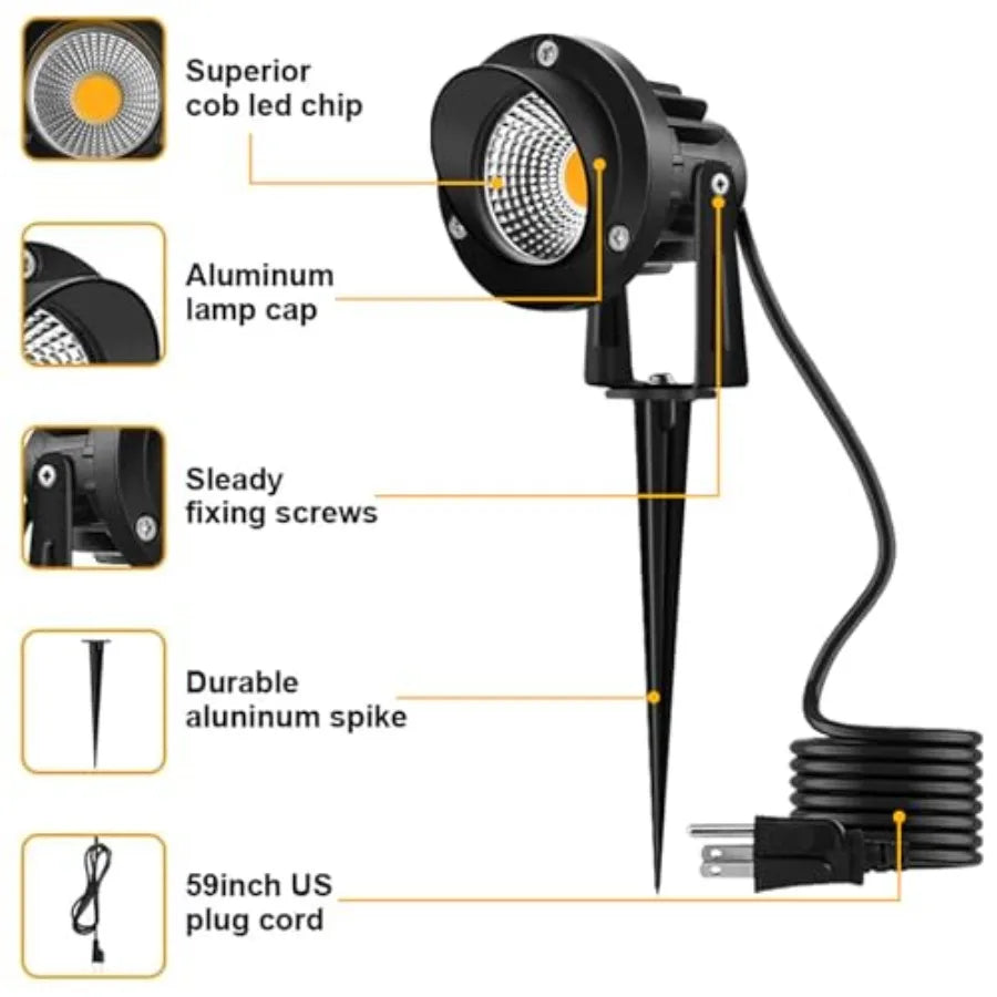 120V LED Landscape Lights 10W 120V Outdoor Landscape Lighting with Ground Spike 3000K Warm White IP65 Waterproof Outdoor Spotli