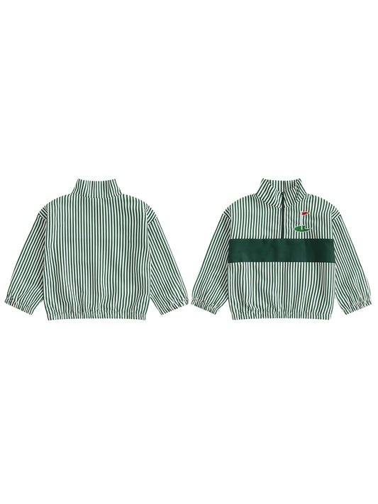 Boys Stylish Striped Long Sleeve Shirt with Embroidered Golf Design and Half Zipper Detail - Trendy Fall Clothing for Toddlers