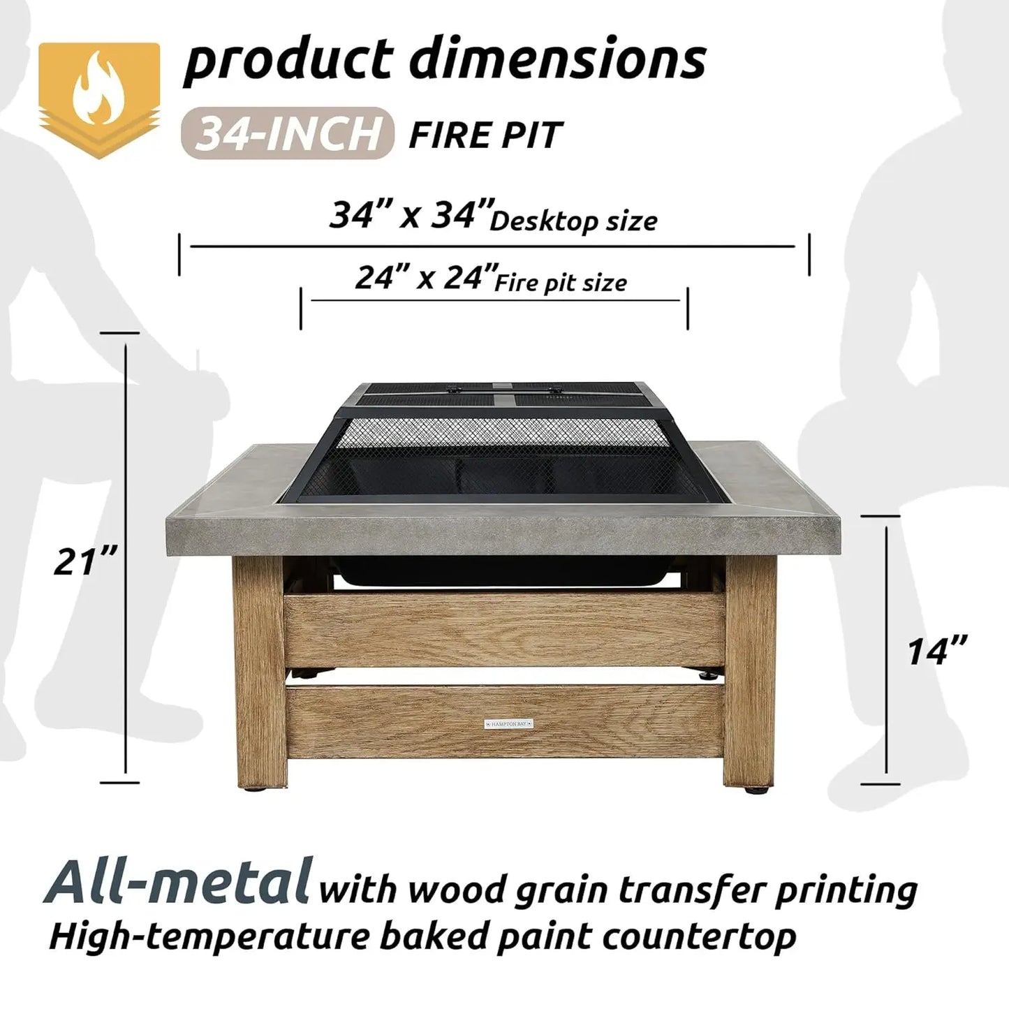 Firepits for Outside，Wood Burning Fire Pit with Wood-Grain Side Panels,Firepit for Outside with Mesh Cover & Fire, Customized
