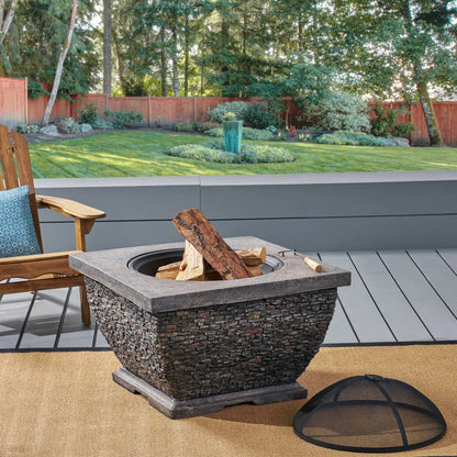 32" Square MgO Light-Weight Concrete Fire Pit Grey Wood Burning Fire Bowl for Outdoor Patio Backyard Garden