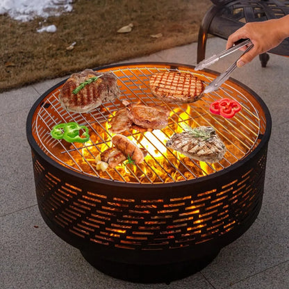 26" Wood Burning Fire Pit with Grill, Lid & Cover - Outdoor BBQ Table for Garden, Yard