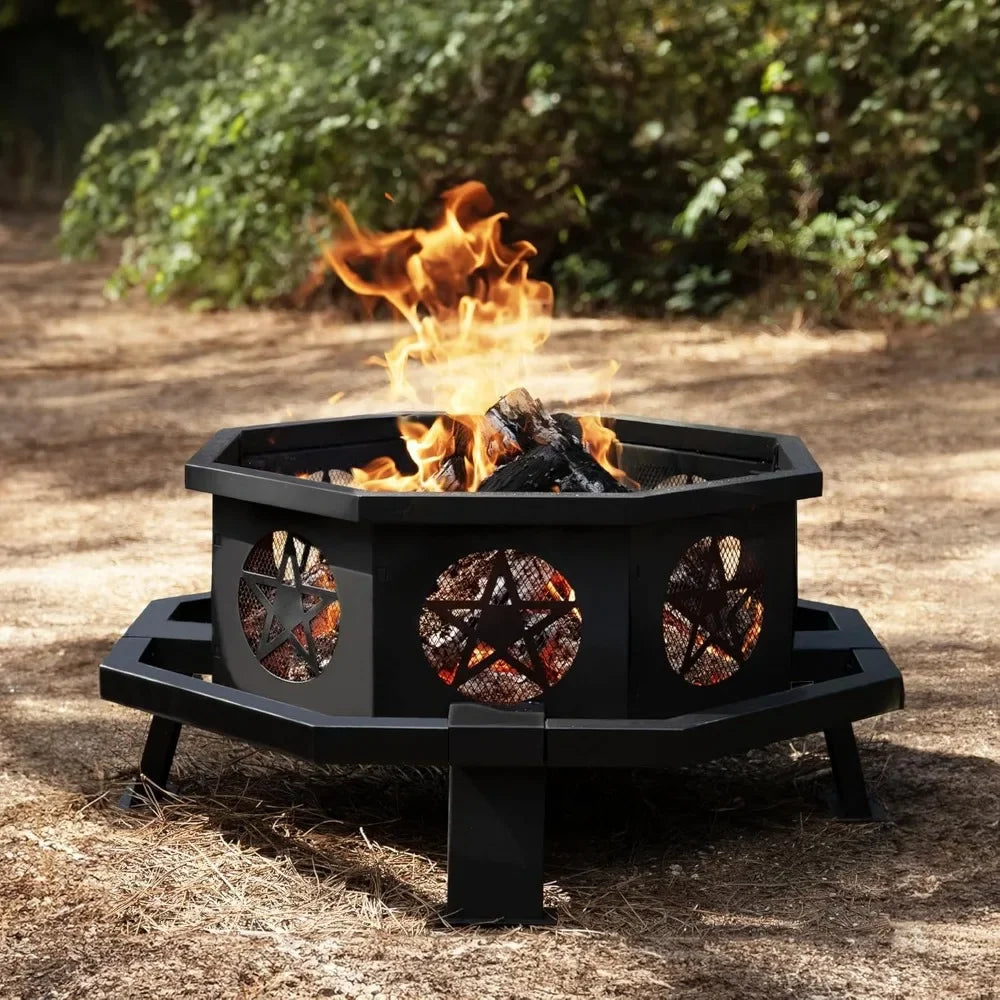 35 Inch Octagonal Fire Pit with Cooking Grill,Outdoor Wood Burning Fire Pit for Camping Outside Picnic Bonfire,Customized