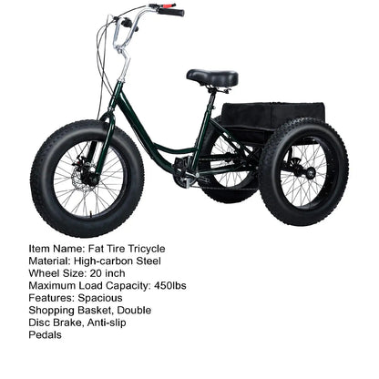 Non electric - (maximum weight capacity 450 pounds) 7-speed manual fat tire tricycle, 20 inch adult tricycle, snow tires