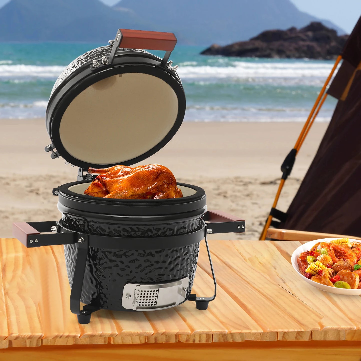 13inch Ceramic Barbecue Grill Ceramic BBQ Charcoal Grill Outdoor Grill Smoker Round Ceramic Stew Grill for Picnics Patio