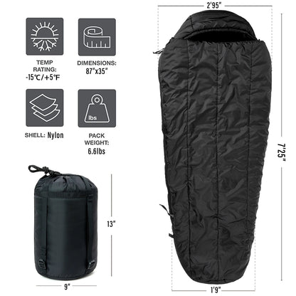 MT Military Patrol/Intermediate Sleeping Bag, Part of 4 Piece Army Modular Sleep System for All Season Olive Drab/Black