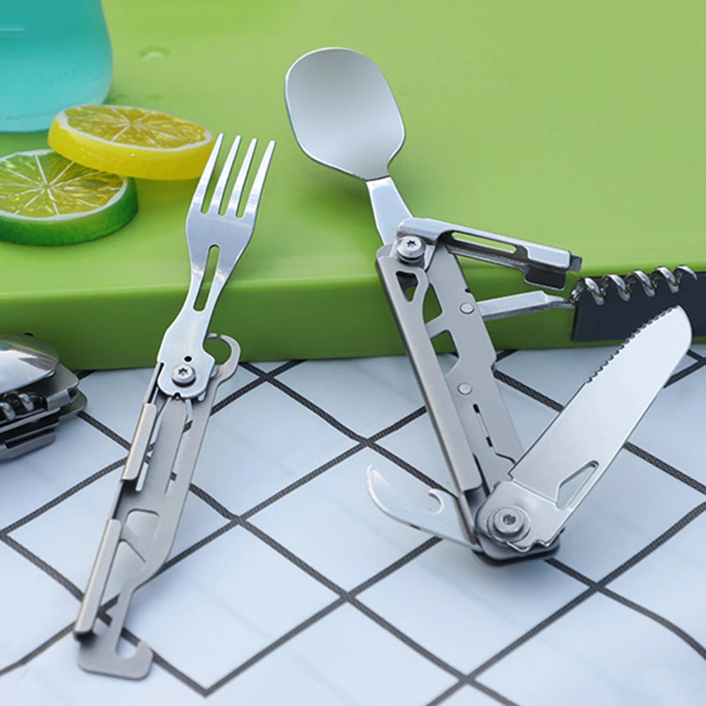 6 in 1 Multifunctional Camping Tableware Foldable Portable Fork Spoon Knife EDC Tool Smooth for Picnic Hiking for Travelling BBQ