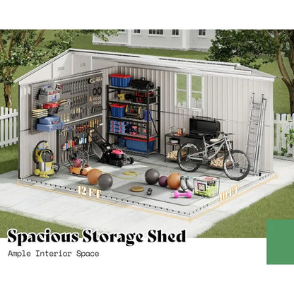 10x12x7ft Outdoor Metal Storage Shed with 2 Clear Panels, Hinged Doors, 2 Windows & 4 Vents, Reinforced Steel, Gray