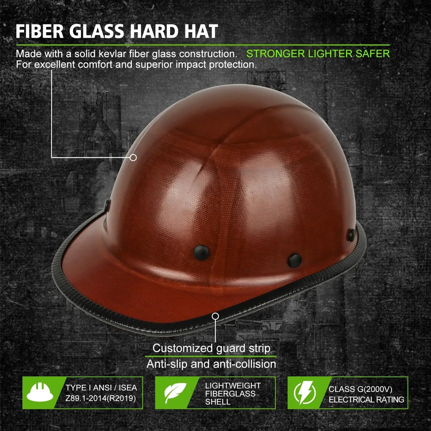 Fiberglass Full Brim Hard Hat, OSHA & ANSI Rated Safety Helmet with Brim Guard for Men