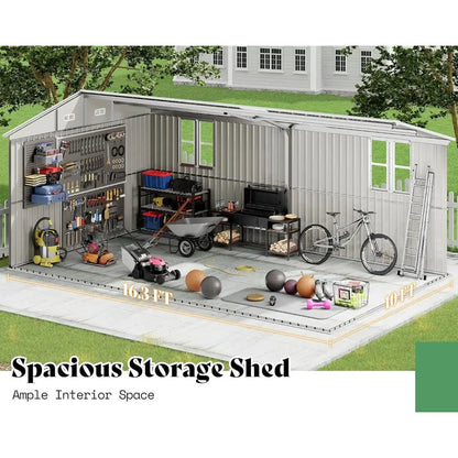 10x16x7 ft Outdoor Storage Shed with 2 Clear Panels, Metal Garden Shed with Double Doors, 4 Windows, 4 Vents, Reinforced Steel,