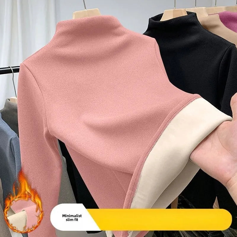Women Thermal Underwear Winter Half High Collar Bottom Shirt Solid Semi High Collar Long Sleeve Basic T-Shirt Heating Pullovers