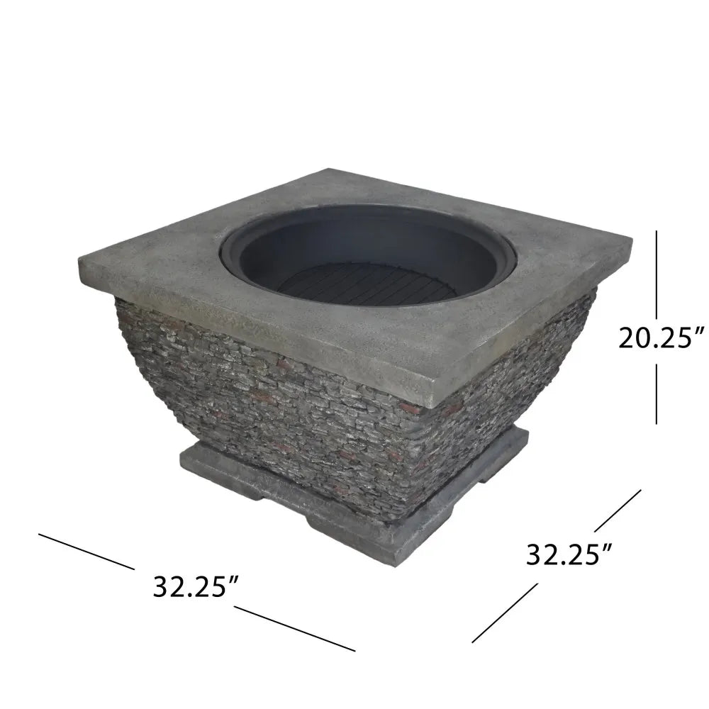 32" Square MgO Light-Weight Concrete Fire Pit Grey Wood Burning Fire Bowl for Outdoor Patio Backyard Garden