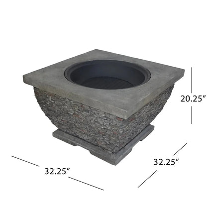 32" Square MgO Light-Weight Concrete Fire Pit Grey Wood Burning Fire Bowl for Outdoor Patio Backyard Garden