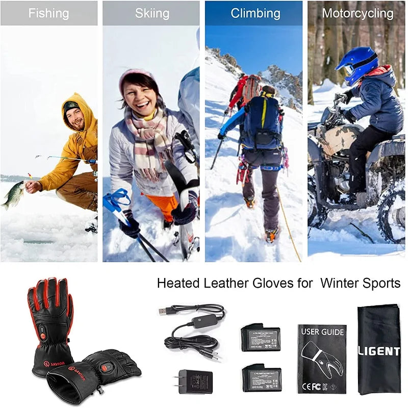 Savior Full Leather Electric Heated Gloves with Battery Powered for Sports Skiing Motorcycling Riding Fishing Hunting SHGS06