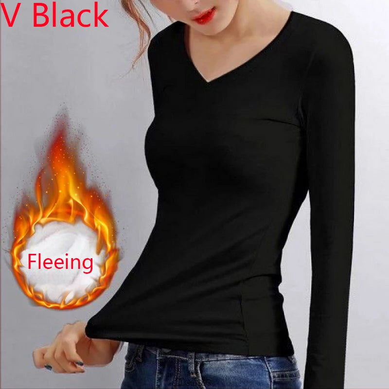 Winter Bottoming Shirt Women Thermal Underwear Solid Color German Velvet Long-Sleeved Basic T-Shirt Heating Fiber Thermal 2028