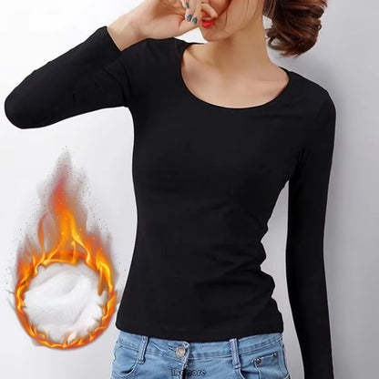 Winter Bottoming Shirt Women Thermal Underwear Solid Color German Velvet Long-Sleeved Basic T-Shirt Heating Fiber Thermal 2028