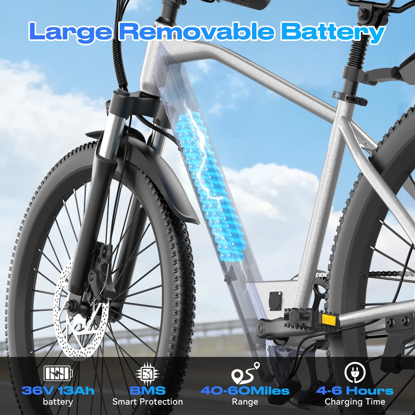 26" Electric Bike for Adults - 1200W Peak Motor, 28 MPH, 50 Mile Range, Removable 36V 13Ah Battery, 7-Speed, UL2849 Certified