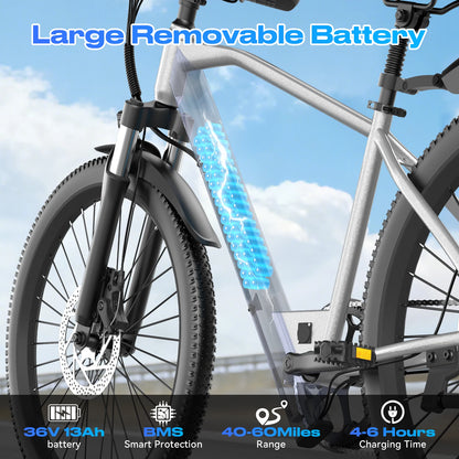 26" Electric Bike for Adults - 1200W Peak Motor, 28 MPH, 50 Mile Range, Removable 36V 13Ah Battery, 7-Speed, UL2849 Certified