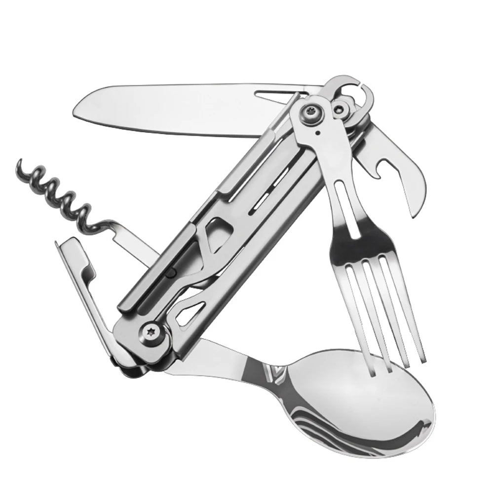 6 in 1 Multifunctional Camping Tableware Foldable Portable Fork Spoon Knife EDC Tool Smooth for Picnic Hiking for Travelling BBQ